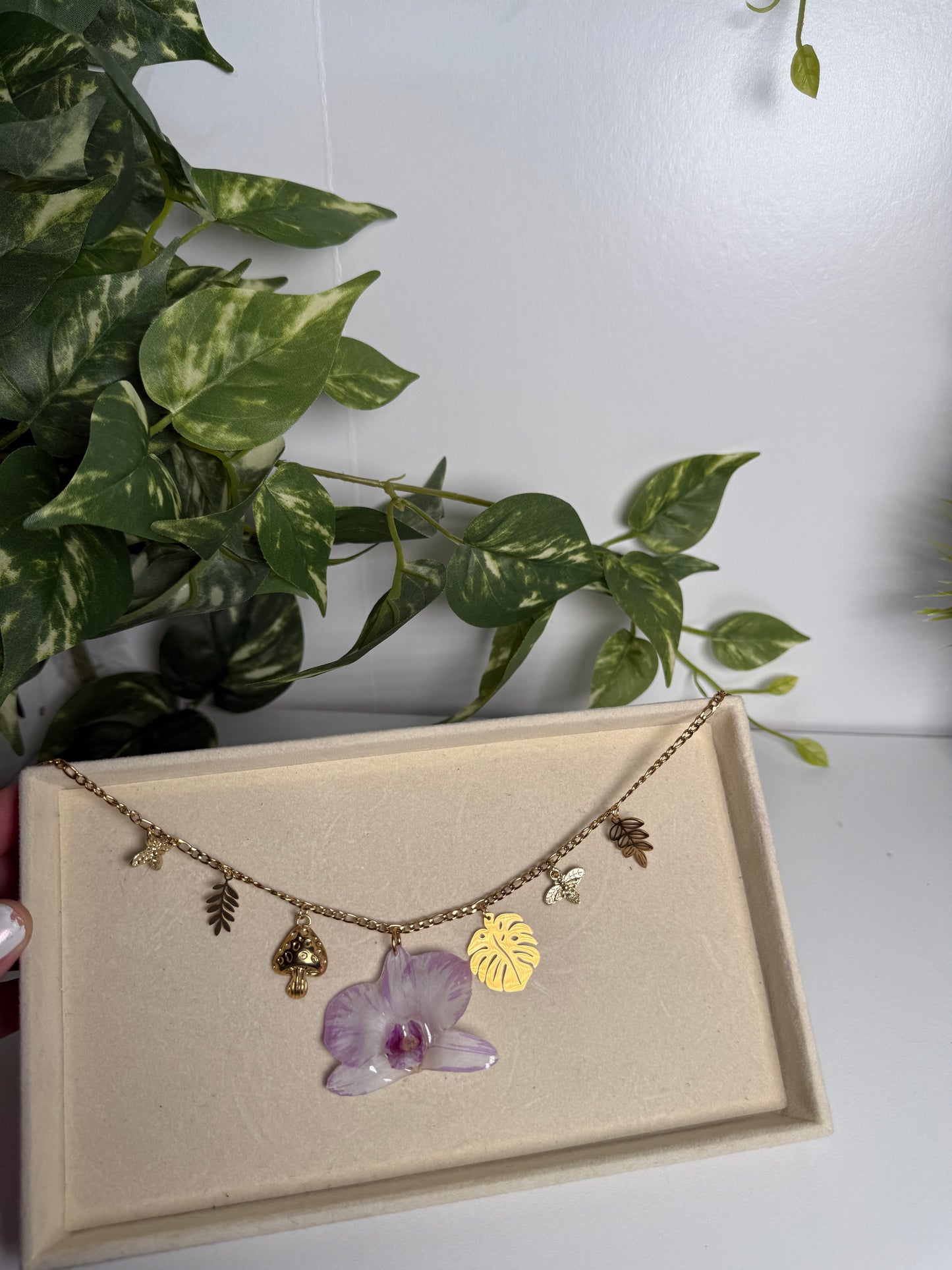 Purple/white Dendrobium Orchid Charm necklace