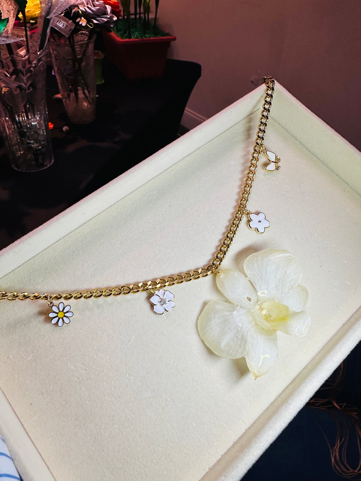 White Orchid charm necklace