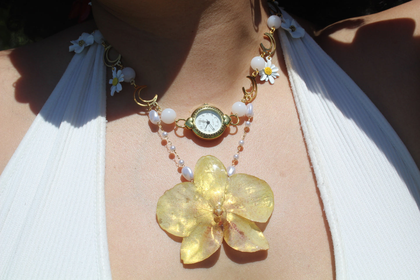 Orchid clock fancy necklace