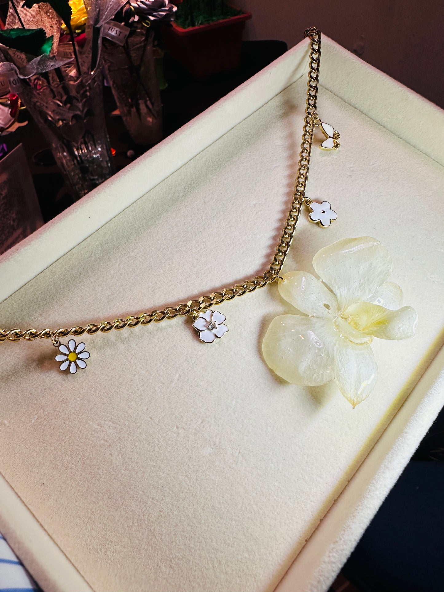 White Orchid charm necklace