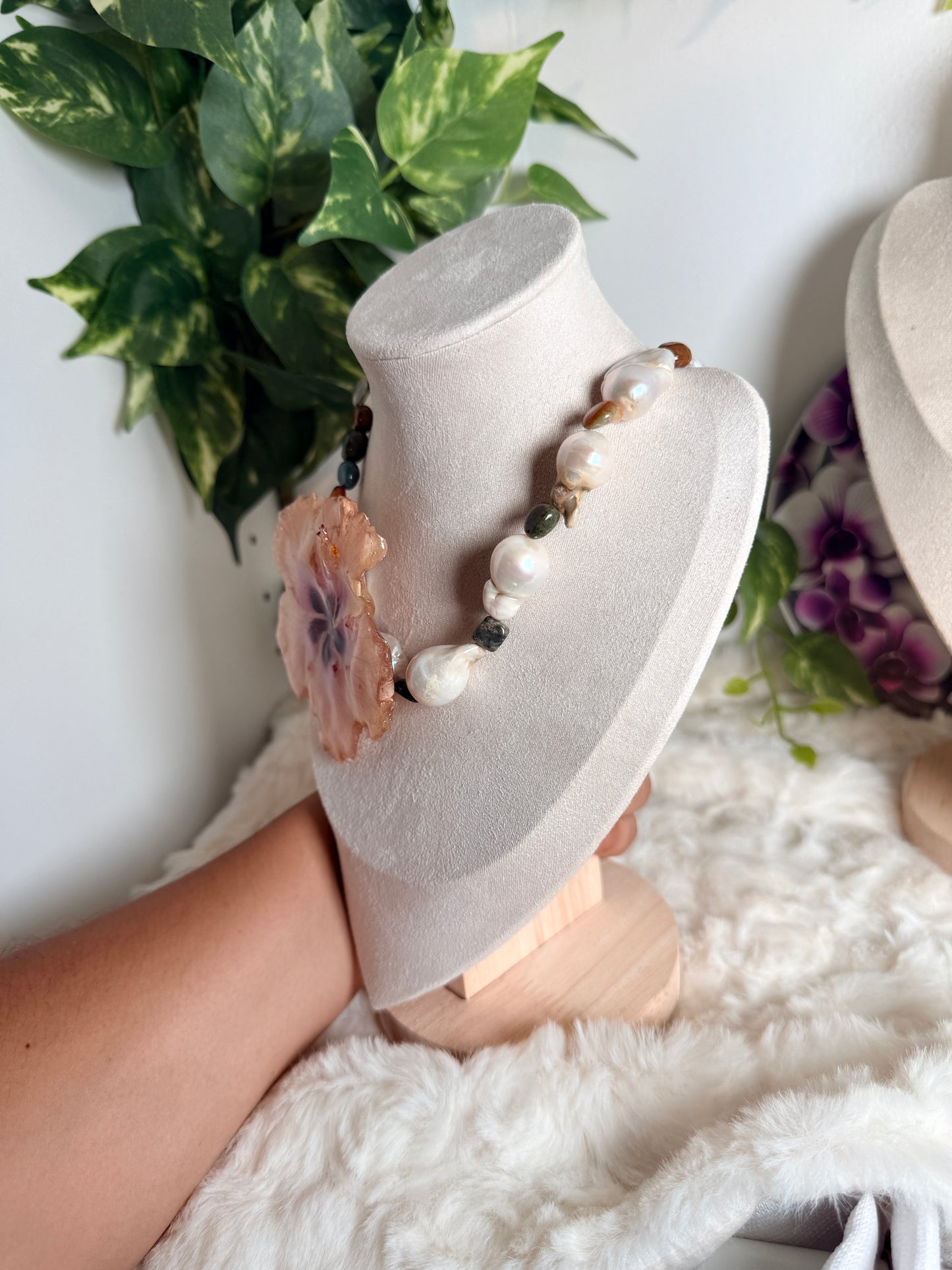Blush Poppy & Baroque Pearl Necklace