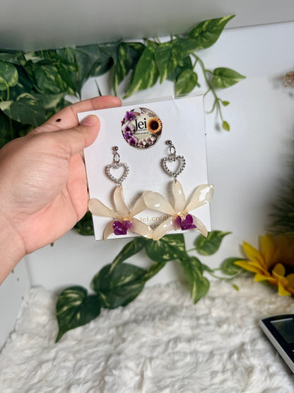 White/purple Dendrobium earrings