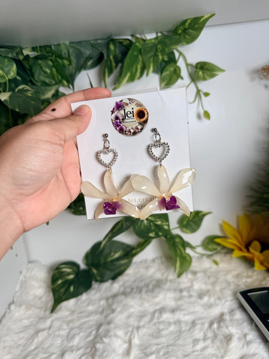 White/purple Dendrobium earrings