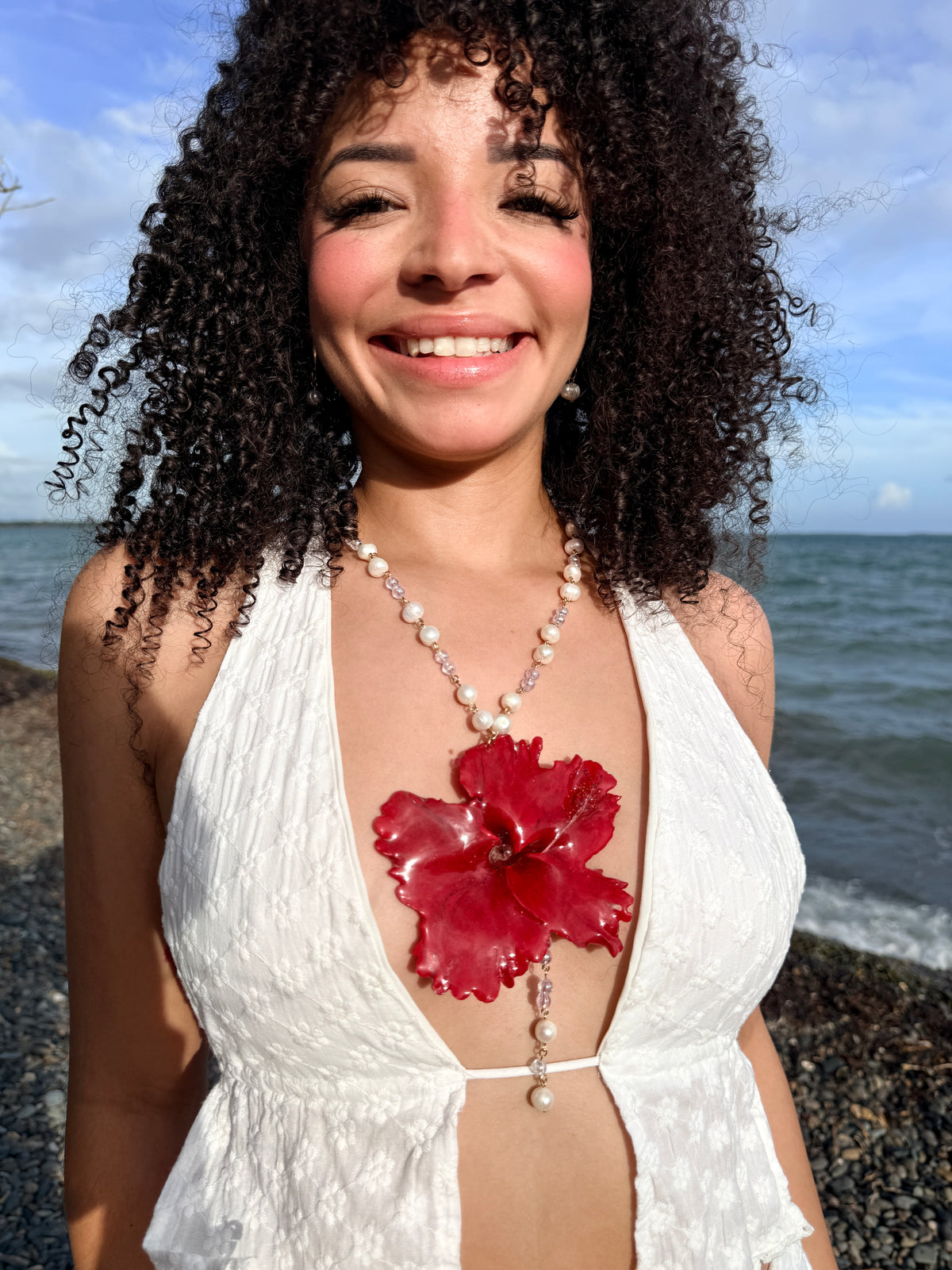 Crimson Poppy Pearl Lariat Necklace