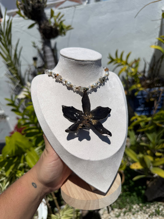 Black Cattleya Orchid Fairy necklace