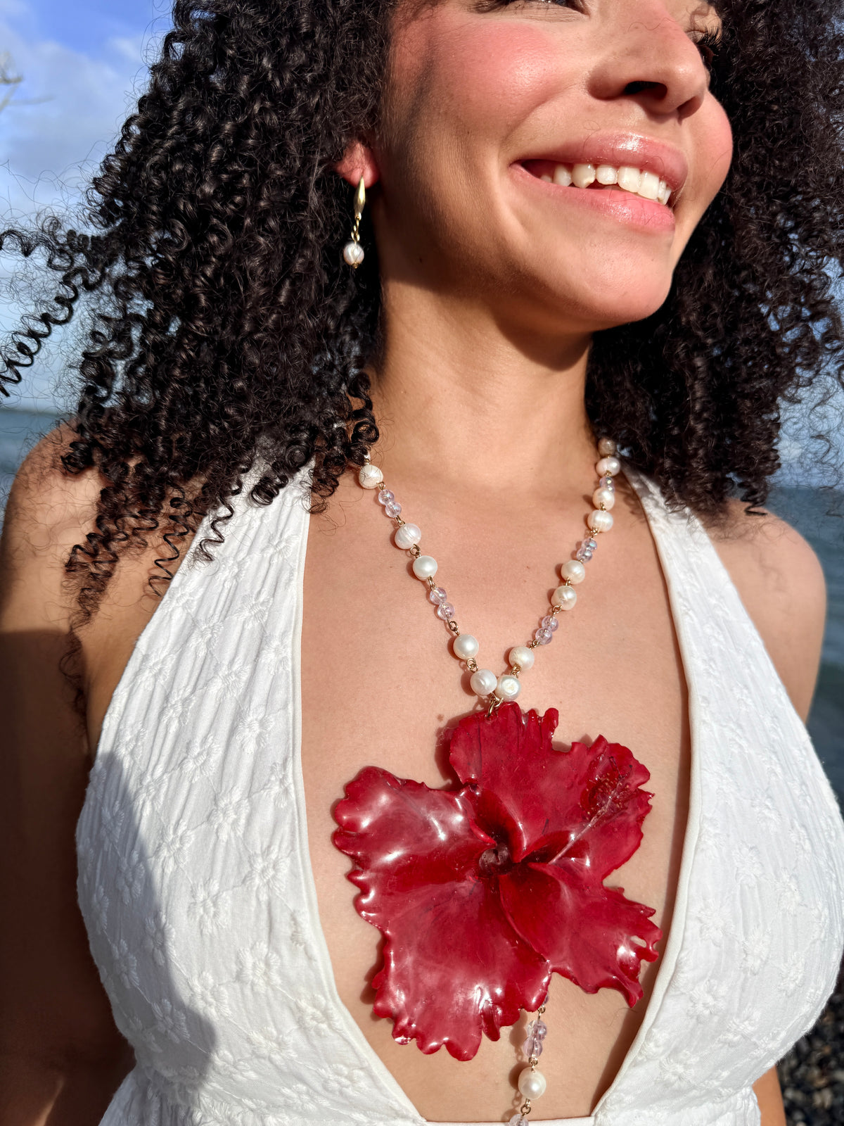 Crimson Poppy Pearl Lariat Necklace