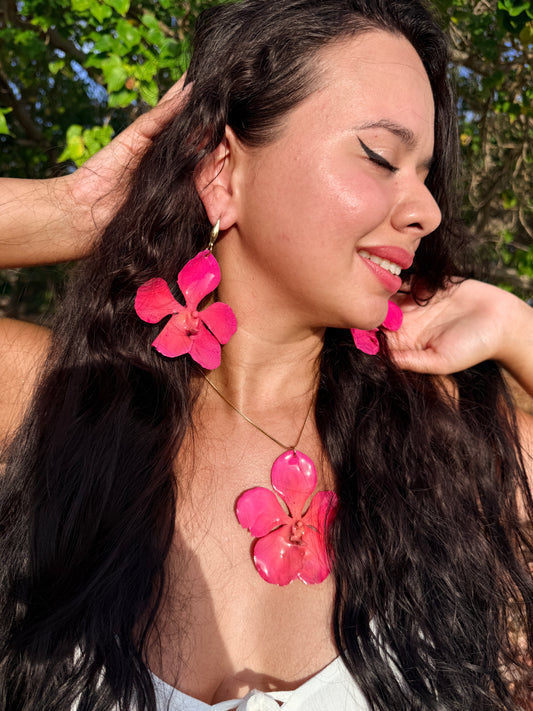 Pink orchid Vanda set ( aretes + cadena)