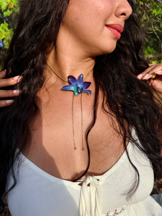 Blue Dendrobium Lariat Necklace