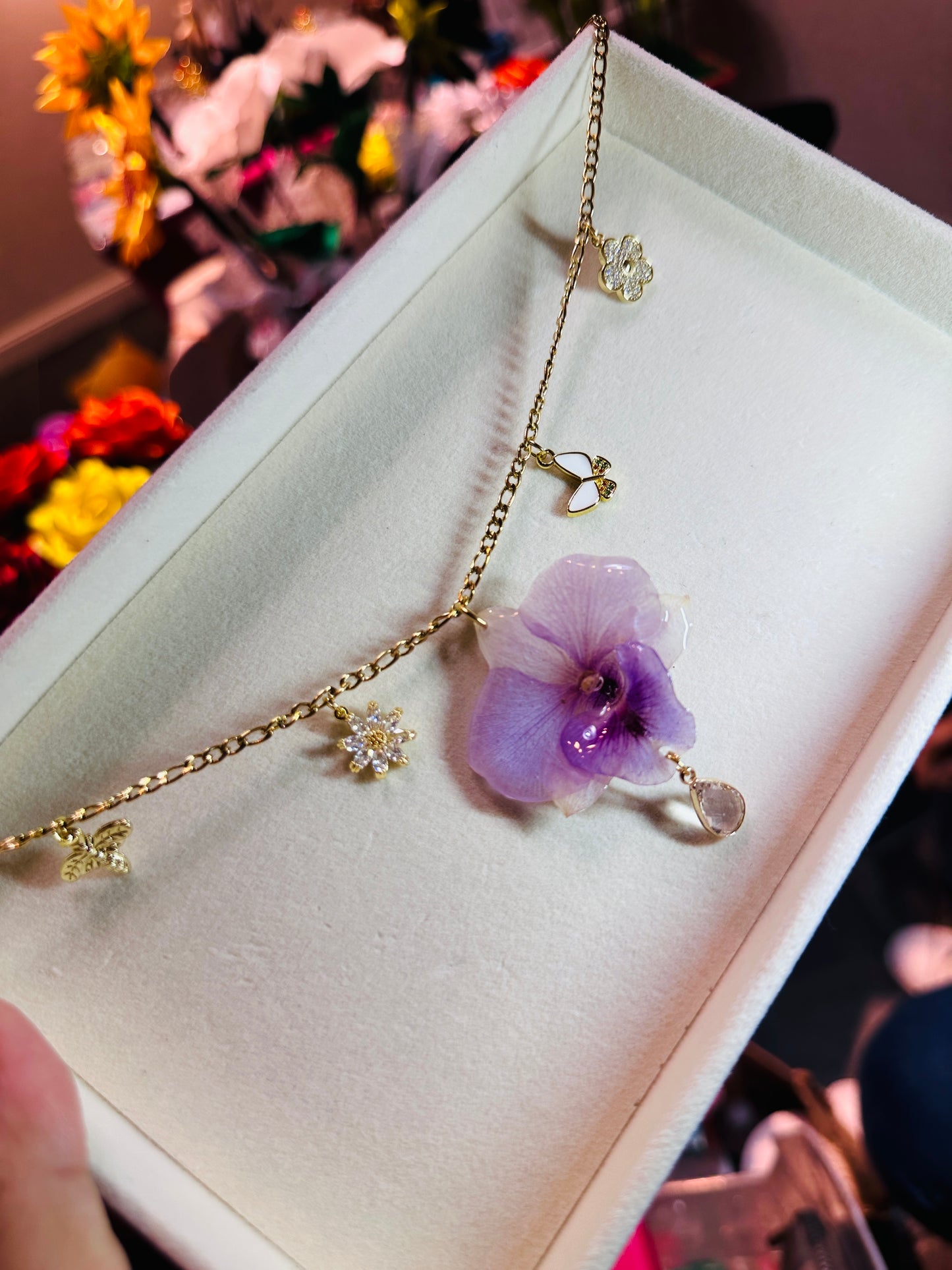 Dendrobium Orchid Purple charm necklace