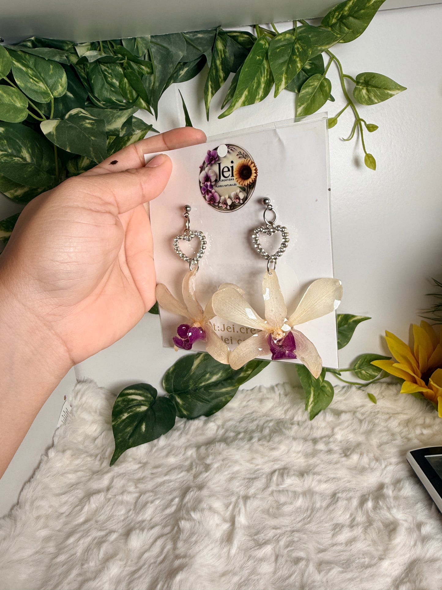 White/purple Dendrobium earrings