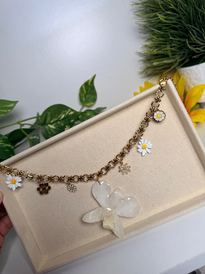 White orchid charm necklace