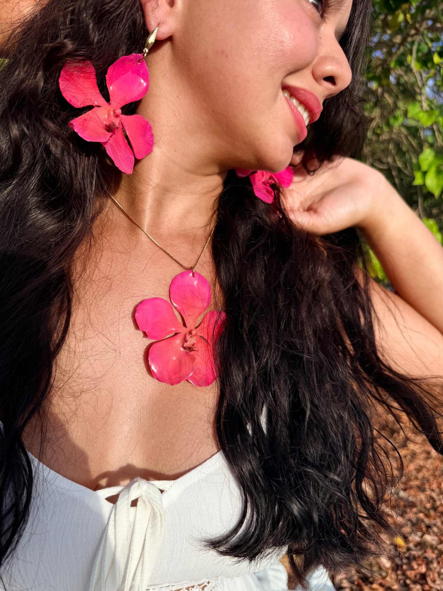 Pink orchid Vanda set ( aretes + cadena)