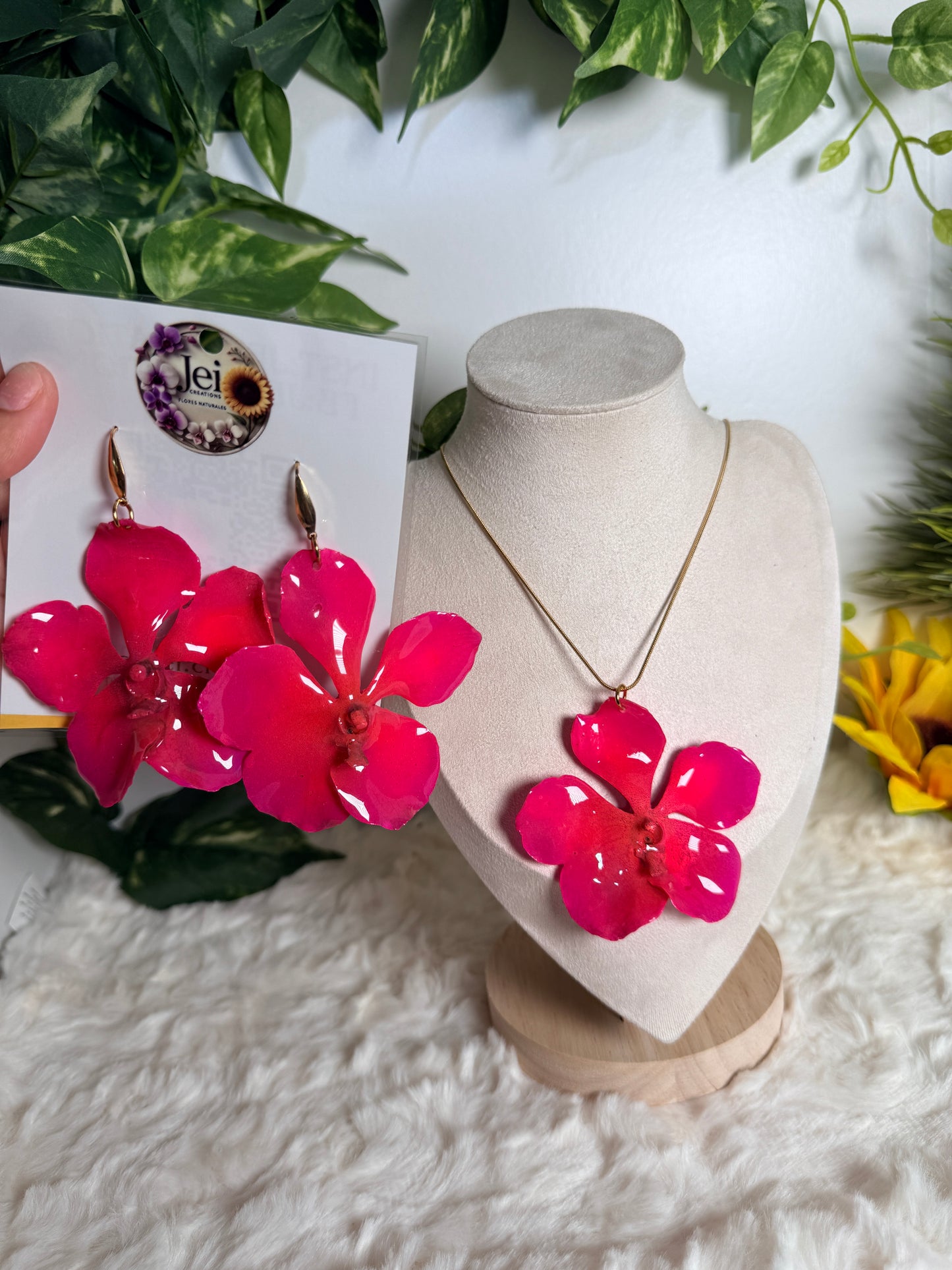 Pink orchid set ( aretes + cadena)