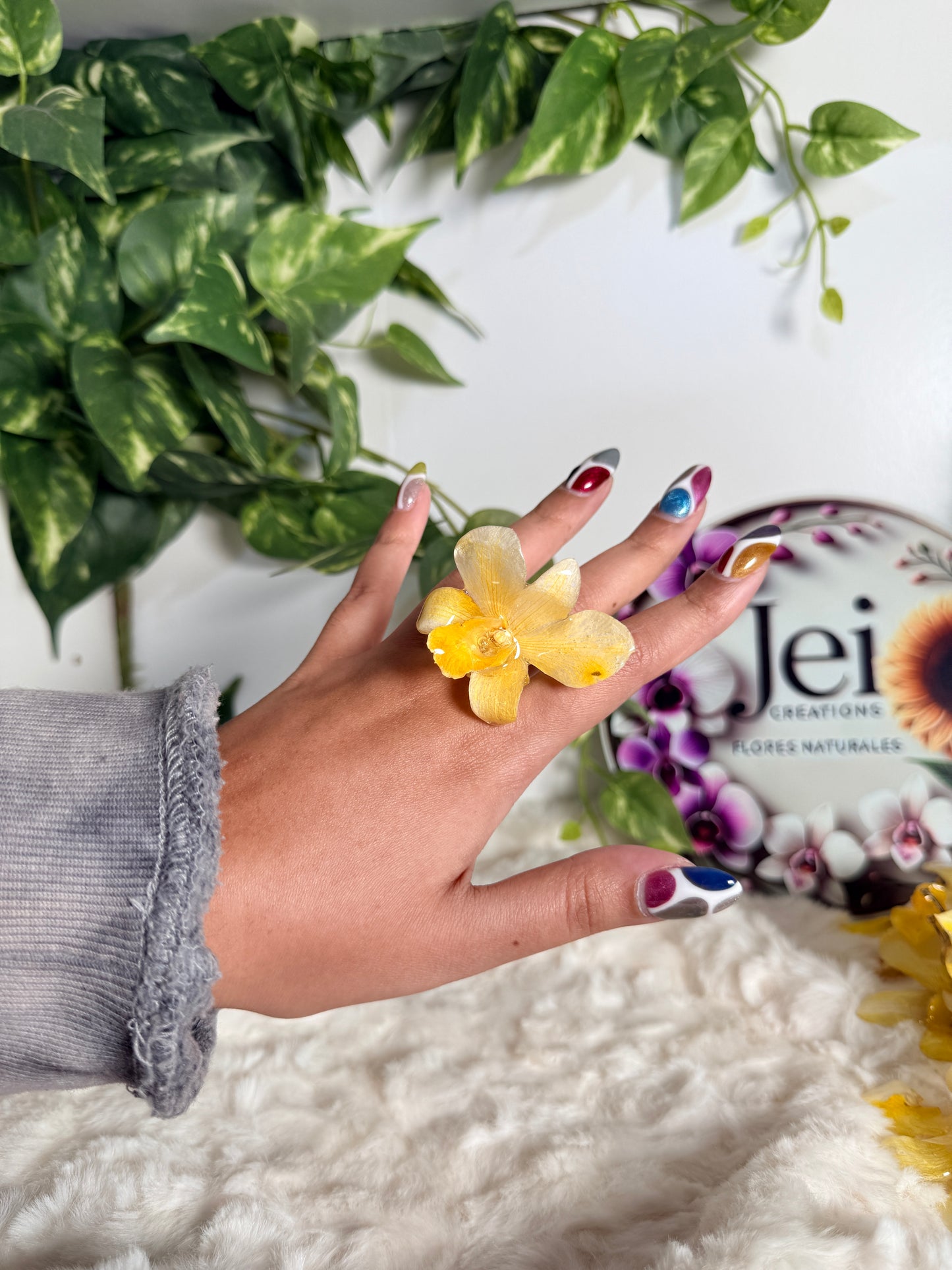 Golden Whisper Dendrobium Adjustable Ring