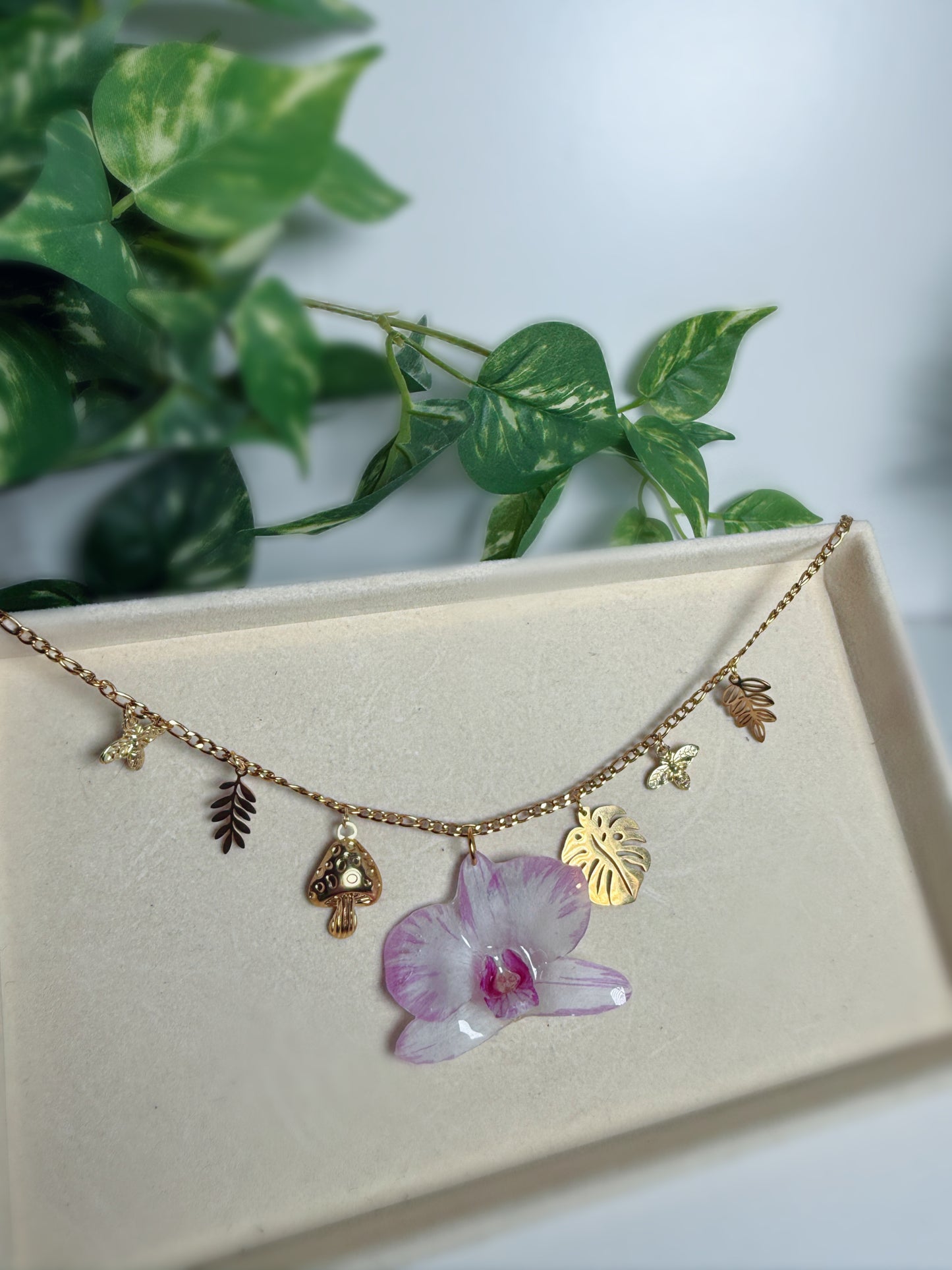 Purple/white Dendrobium Orchid Charm necklace