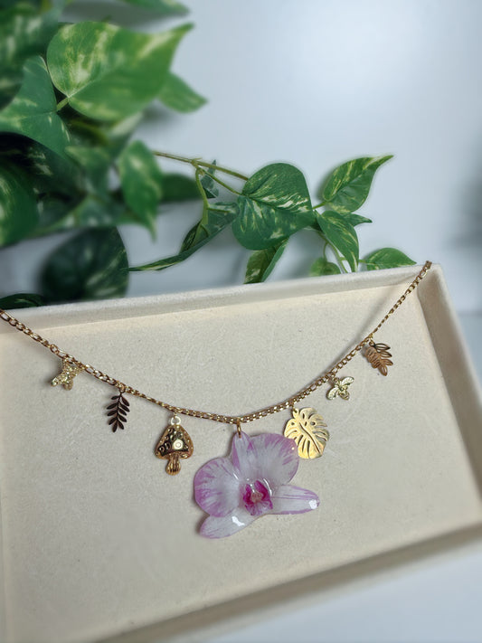 Purple/white Dendrobium Orchid Charm necklace