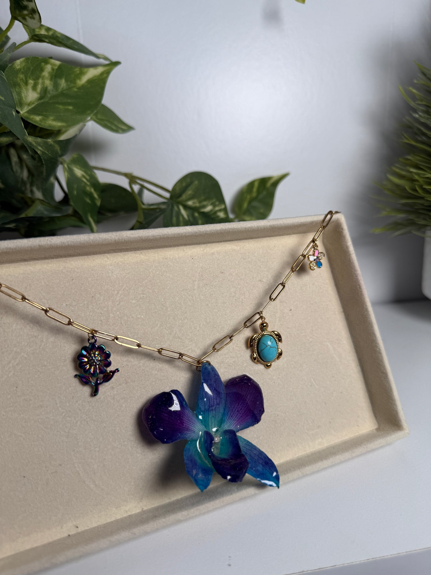 Blue Orchid Charm necklace