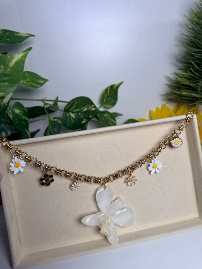 White orchid charm necklace