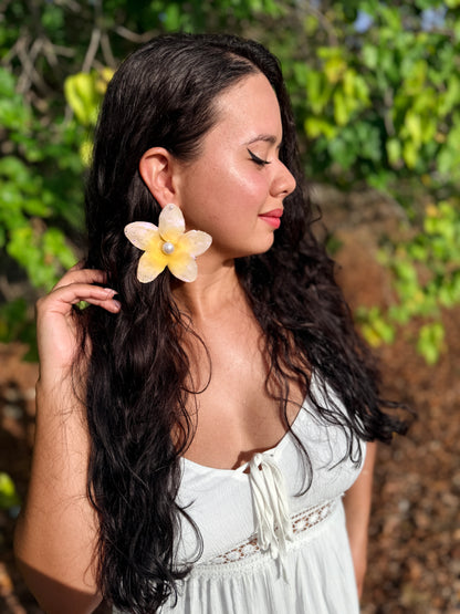 Golden Plumeria Pearl Stud Earrings