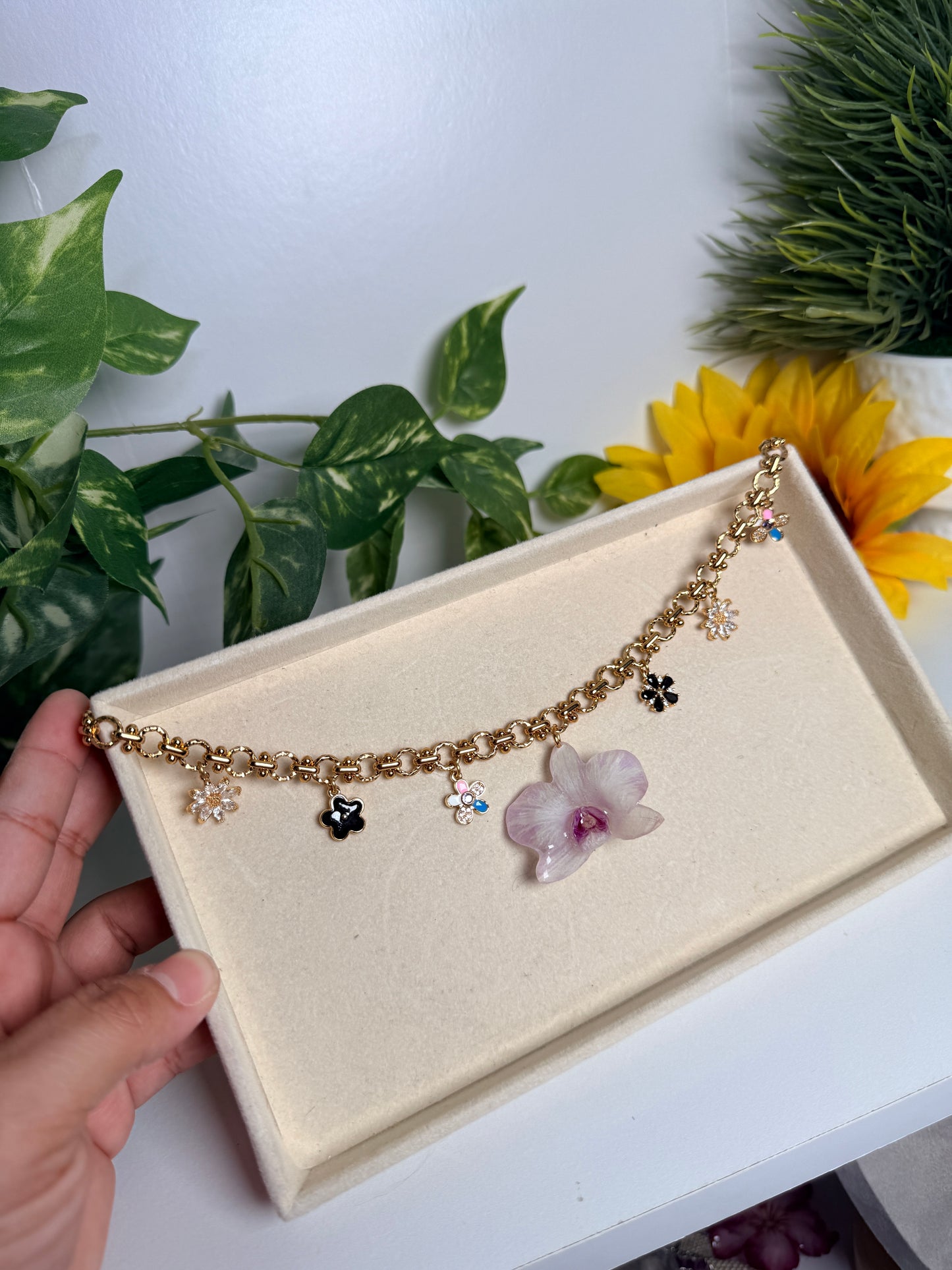 Mini orchid charm necklace