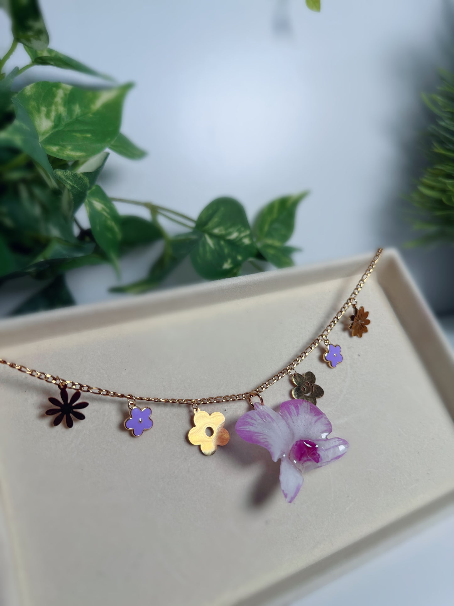 Purple Orchid Charm necklace