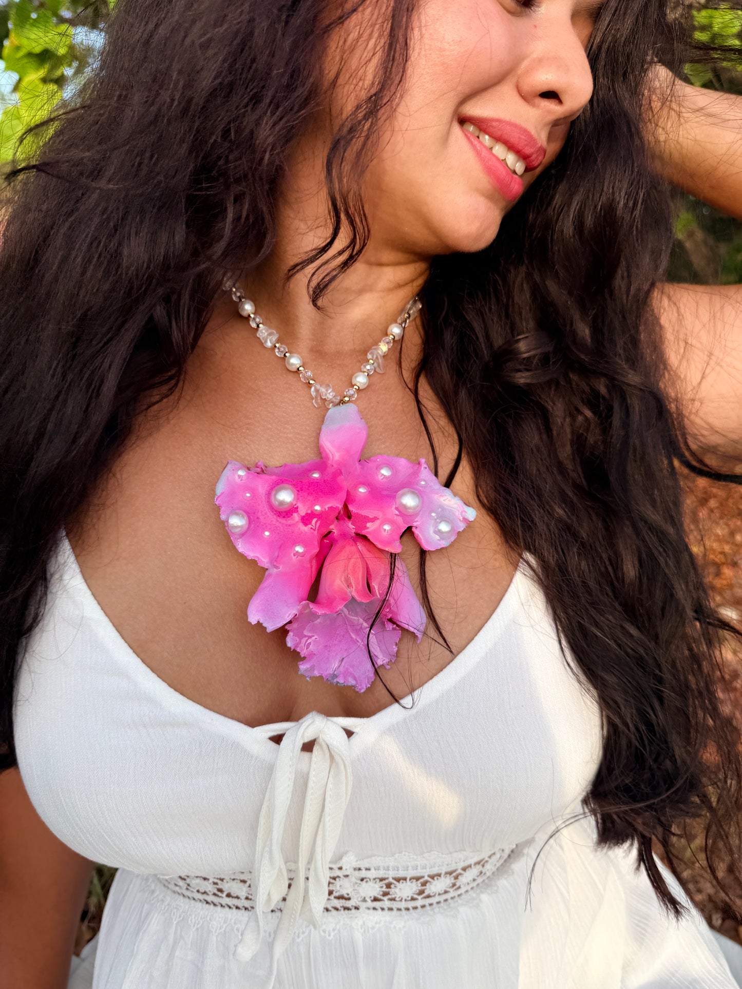 Pink Cattleya Orchid Statement Necklace