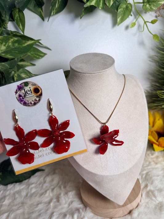 Red orchid set (aretes + cadena)