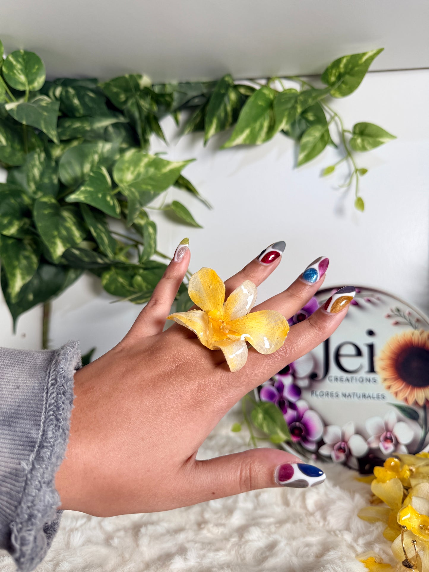 Golden Whisper Dendrobium Adjustable Ring