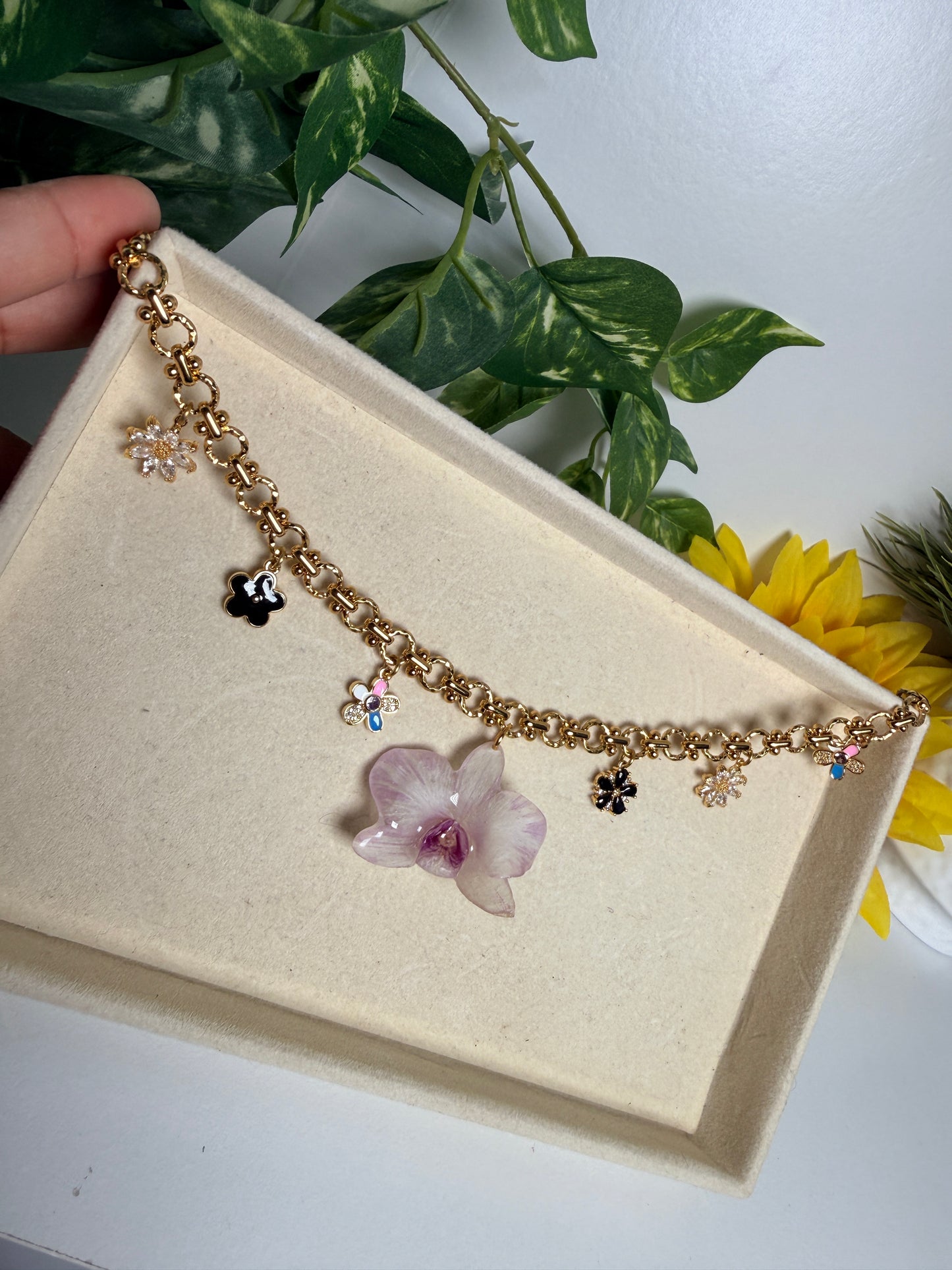 Mini orchid charm necklace