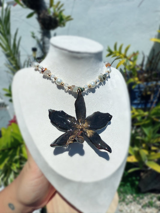 Black Cattleya Orchid Fairy necklace