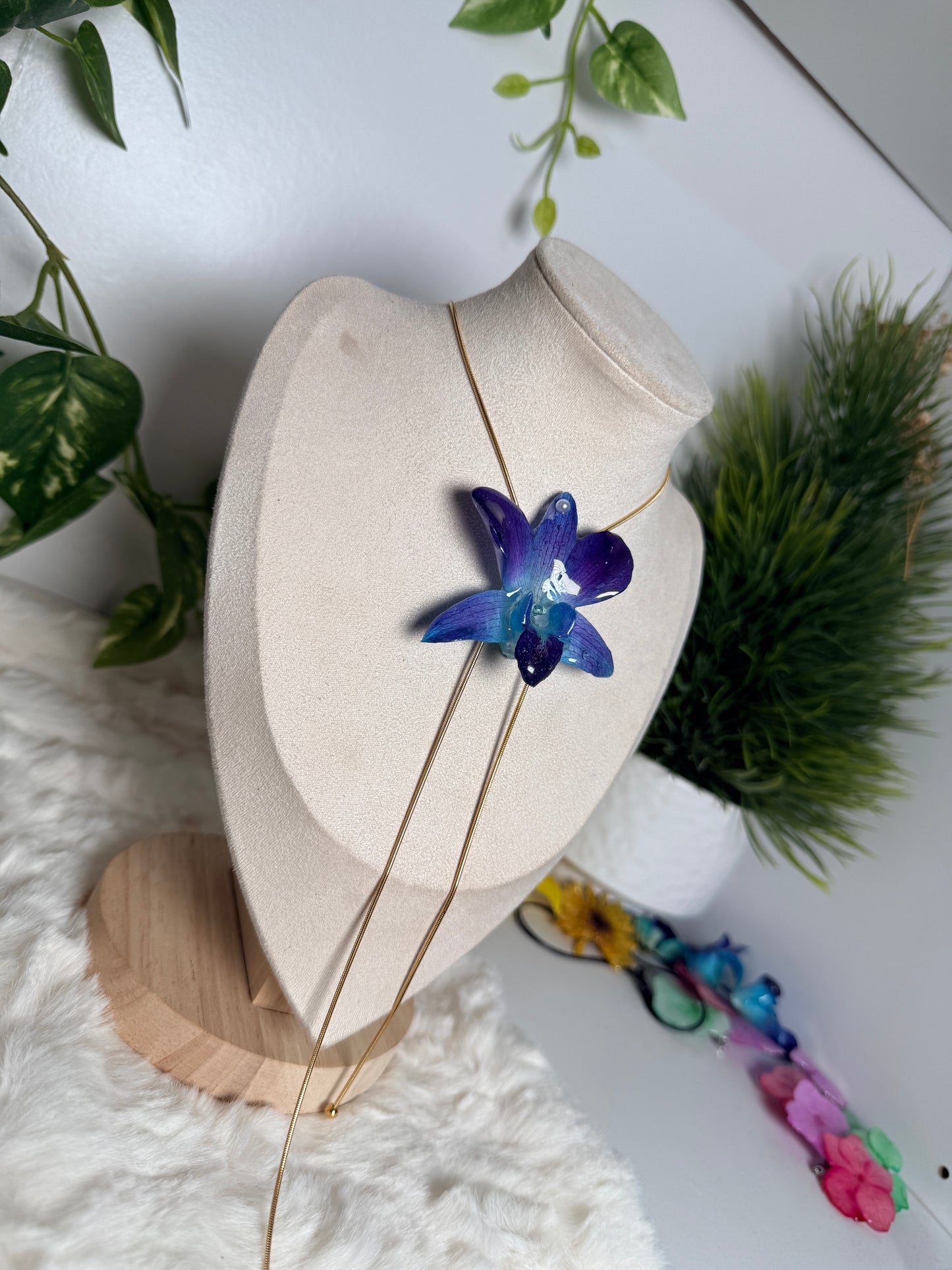 Blue Dendrobium Lariat Necklace