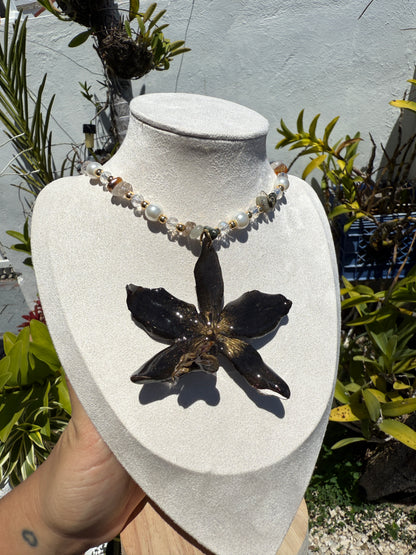 Black Cattleya Orchid Fairy necklace