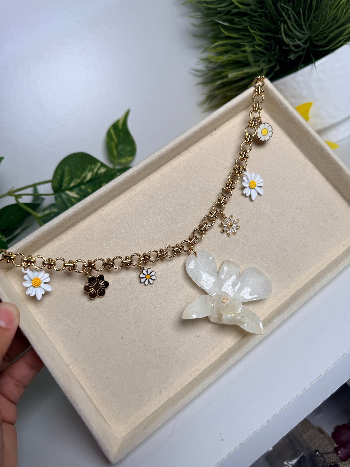 White orchid charm necklace