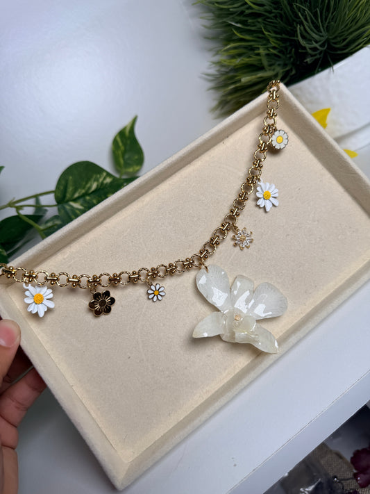 White orchid charm necklace