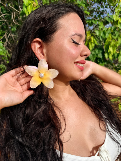 Golden Plumeria Pearl Stud Earrings