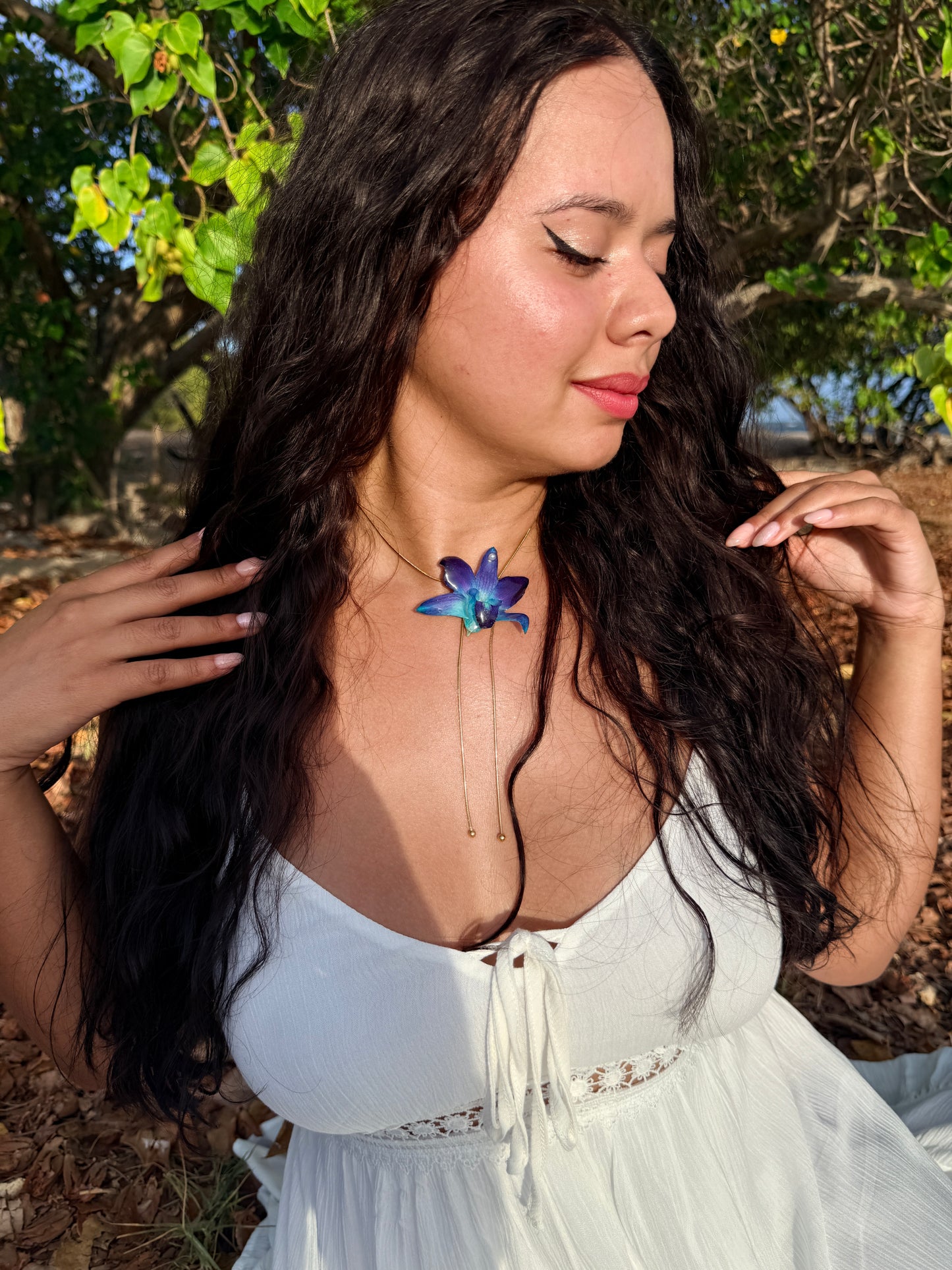 Blue Dendrobium Lariat Necklace
