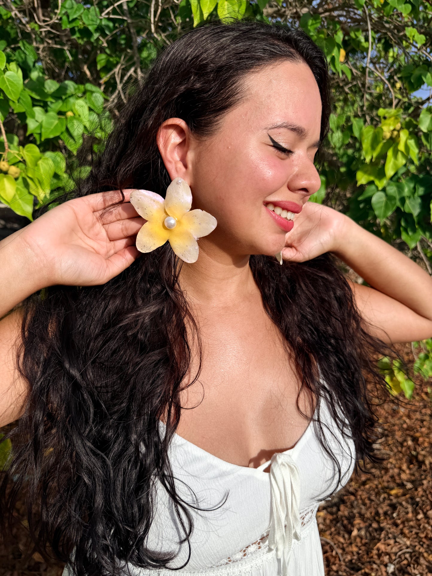 Golden Plumeria Pearl Stud Earrings
