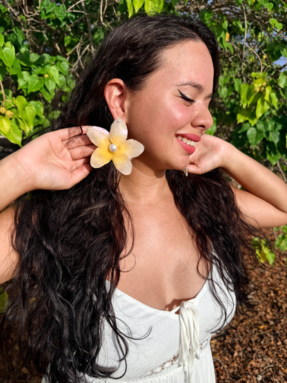 Golden Plumeria Pearl Stud Earrings