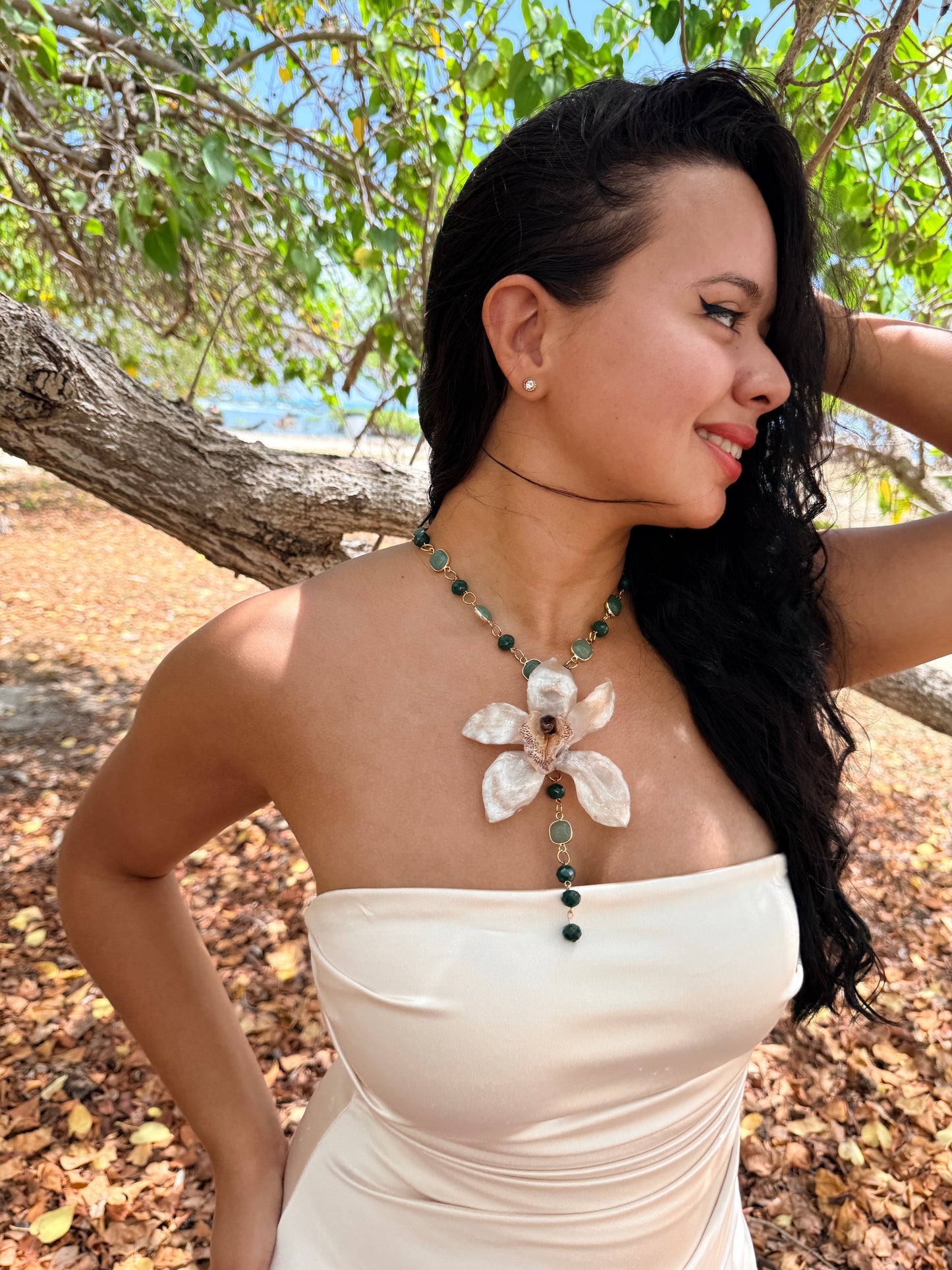 Ivory Cymbidium Lariat Necklace