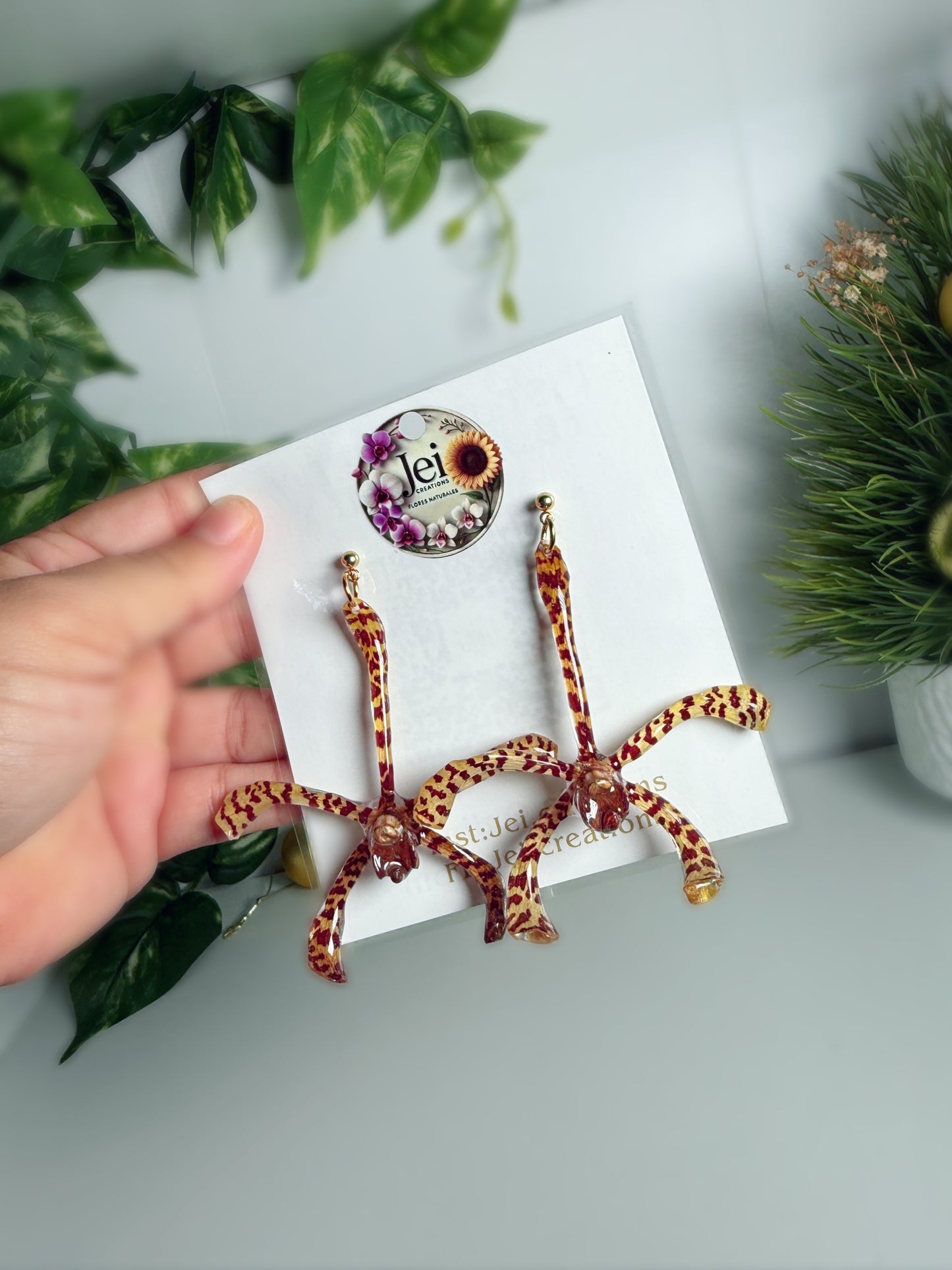 Animal print spider Orchid earings