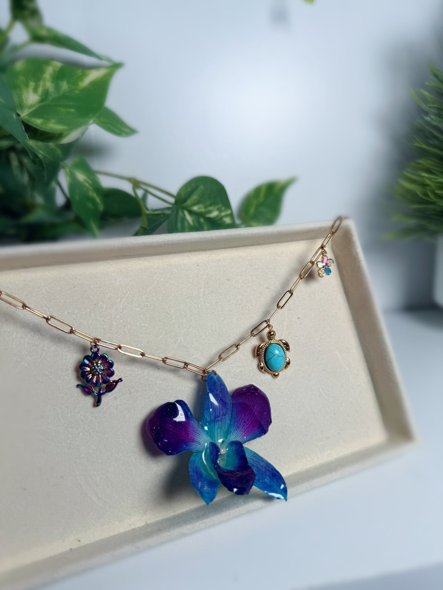 Blue Orchid Charm necklace