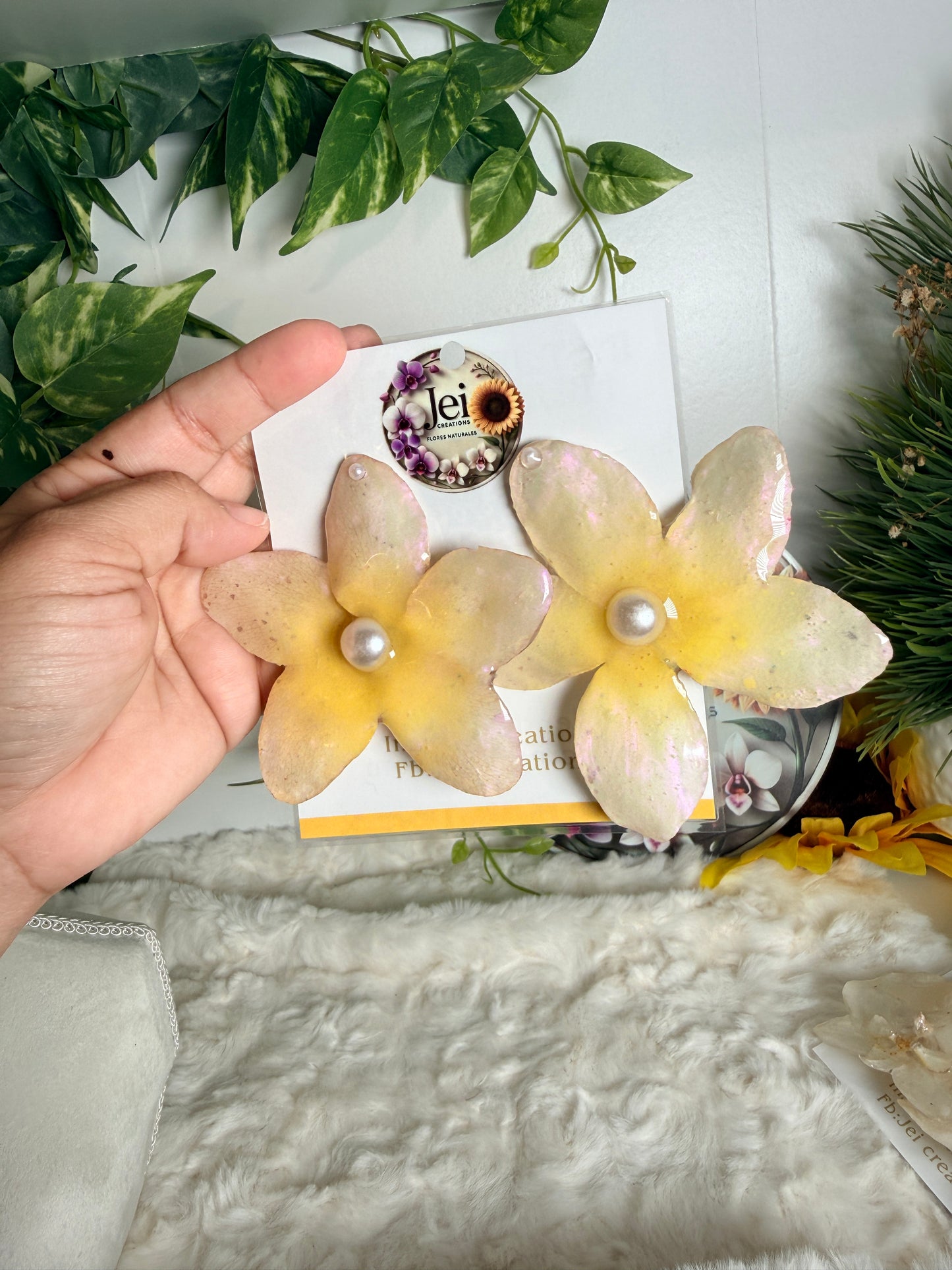 Golden Plumeria Pearl Stud Earrings