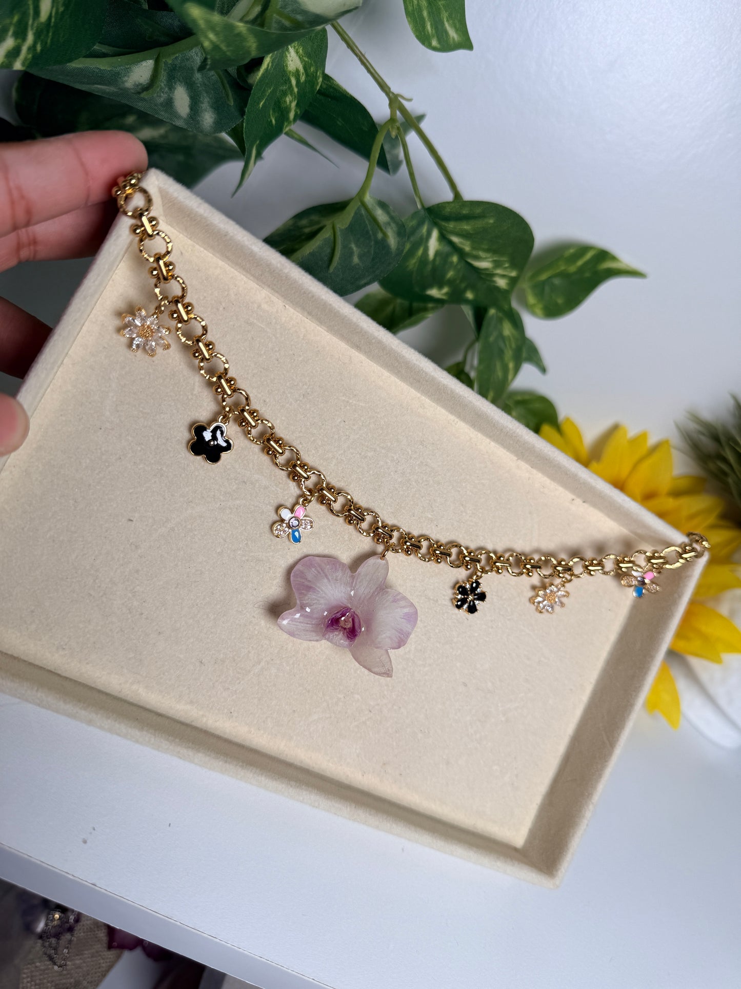 Mini orchid charm necklace