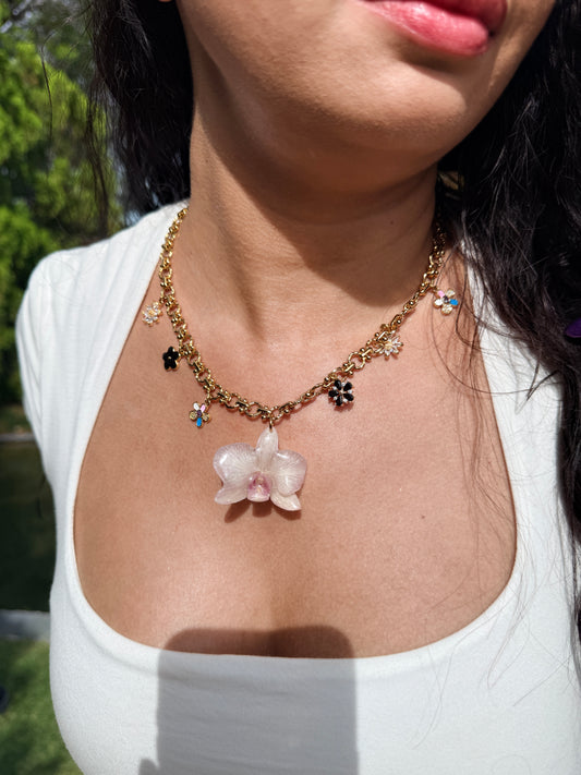 Mini orchid charm necklace