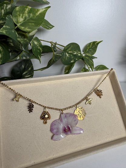 Purple/white Dendrobium Orchid Charm necklace