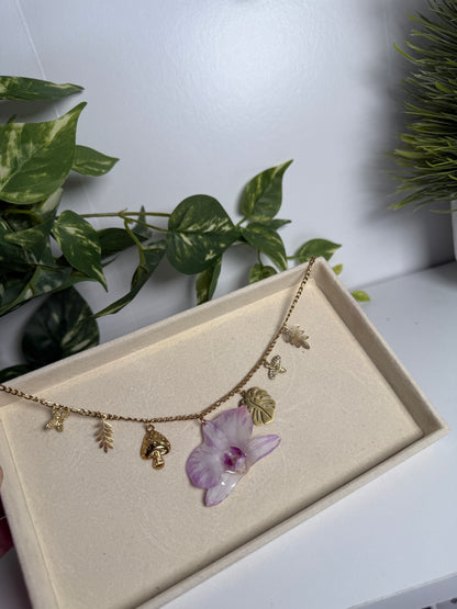 Purple/white Dendrobium Orchid Charm necklace