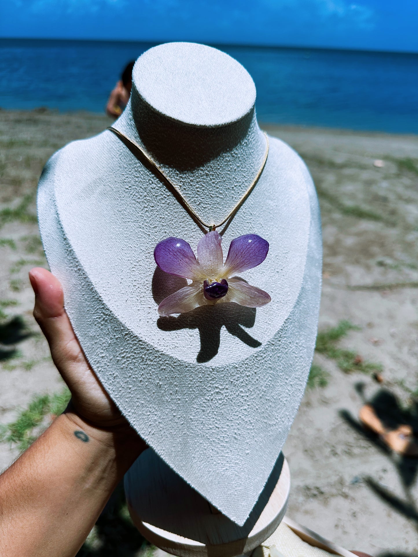 White/purple Dendrobium Orchid necklace