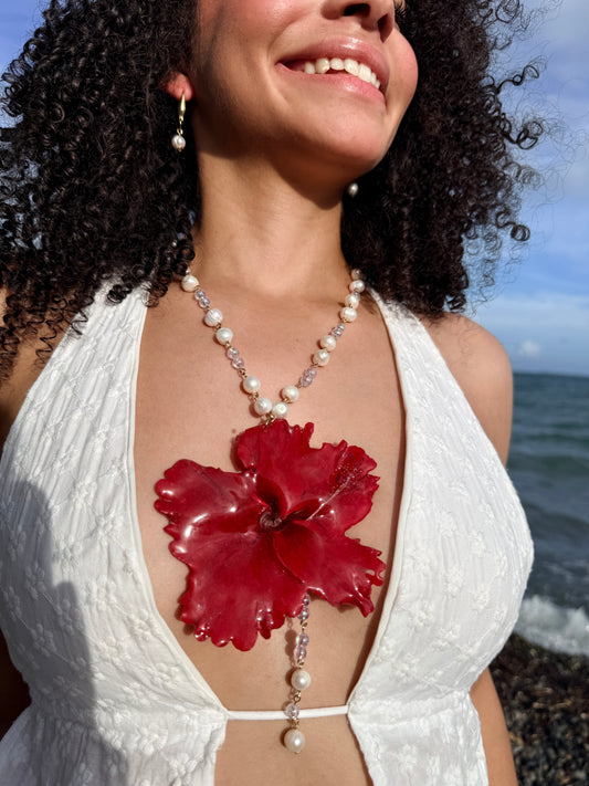 Crimson Poppy Pearl Lariat Necklace
