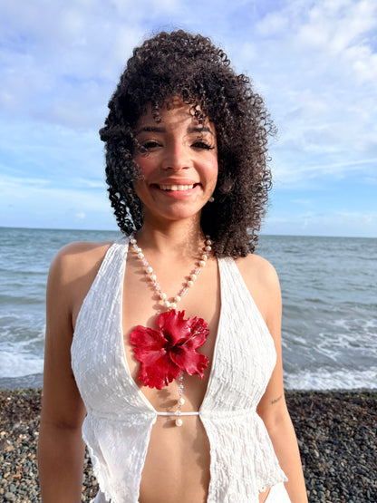 Crimson Poppy Pearl Lariat Necklace