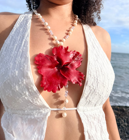 Crimson Poppy Pearl Lariat Necklace
